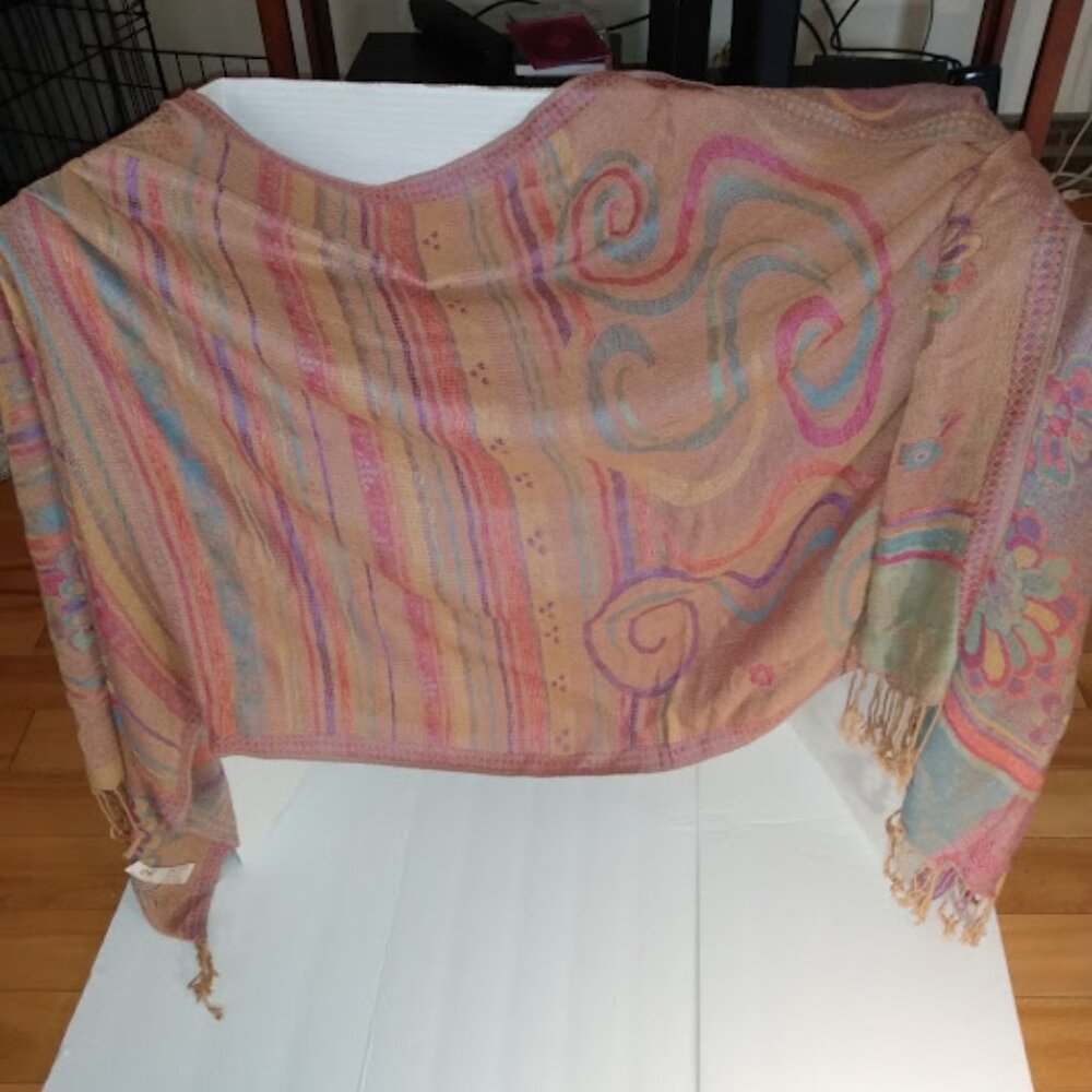 INS: Multi color scarf/wrap with fringe. Measures approx. 28"x71".